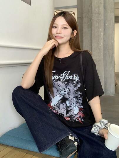 TOM AND JERRY X DAZY Women/Girls Casual Round Neck Korean Style Cartoon Print Short Sleeve T-Shirt