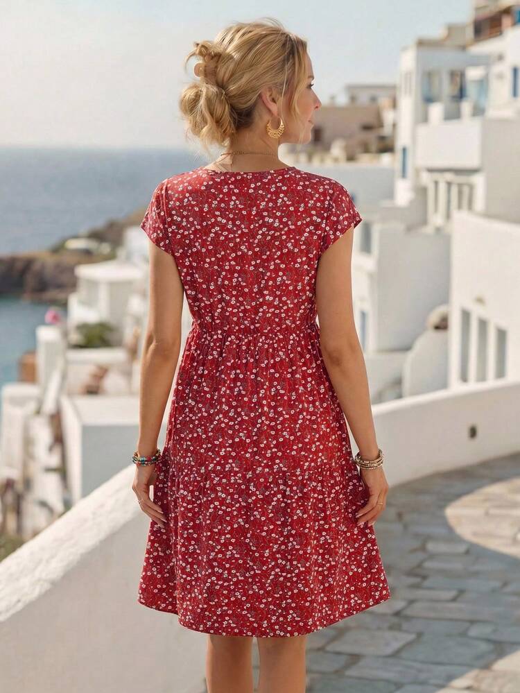 Women's Summer Red Short-Sleeve Batwing Sleeve Floral Midi Dress