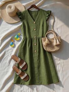 SHEIN Holidaya 女士新品：优雅性感，适合办公室、度假、海滩、通勤、浪漫约会、派对、生日派对、音乐会、情人节和嘉年华等场合。女士夏季新款V领荷叶边下摆宽松A字绿色竹麻短裙，绿色连衣裙，V领连衣裙，荷叶边下摆，荷叶边袖连衣裙，吊带连衣裙，女士度假连衣裙，女士可爱连衣裙，女士夏季连衣裙 - 綠色 - 查看 5