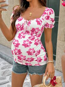 Lyckli Maternity Floral Print Short Sleeve T-Shirt - Pink - View 3