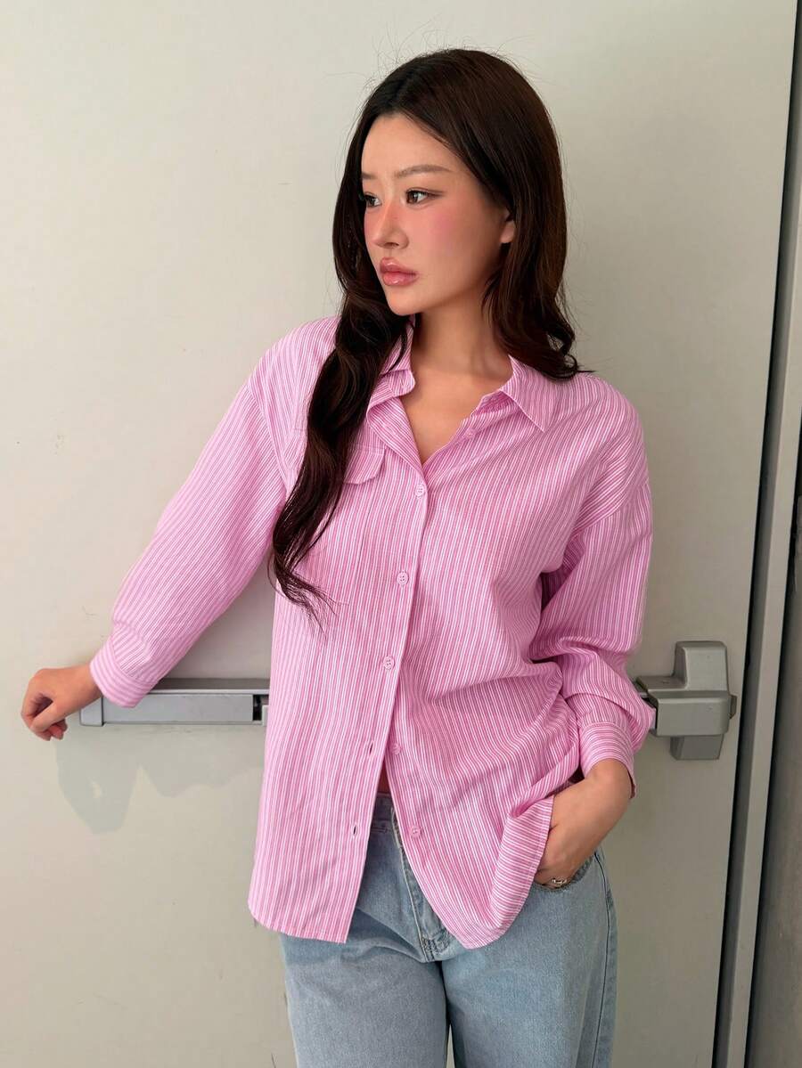 K-Vae Áo sơ mi nữ tay dài kẻ sọc hồng xoắn trước - Hồng - Xem 1