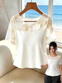 SHEIN Clasi Plus Size Floral Embroidered Mesh Satin Short Sleeve Blouse,Brown,Summer,Elegant,Wedding Guest,Holiday Lace Patchwork Sheer Shirt For Plus Size Women - White - View 1
