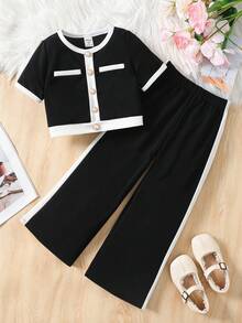 SHEIN 两件套少女休闲正式优雅返校套装，黑白撞色珍珠纽扣上衣搭配直筒撞色长裤，返校季少女装 - 黑與白 - 查看 2