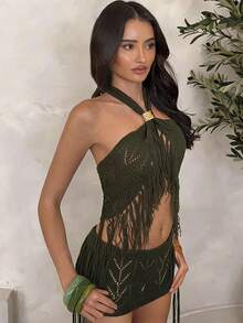 SHEIN Glamour 女士针织欧美风度假流苏性感迷你裙 - 軍綠色 - 查看 3