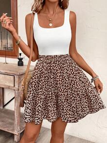 SHEIN Frenchy Summer Vacation Ladies' Floral Pattern Sleeveless A Line Waist-Cinching Dress - Brown - View 2