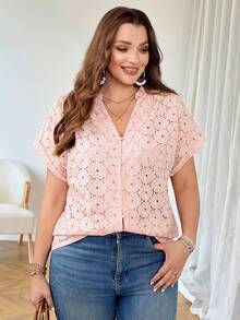 Rosumi Plus Size Women's Summer Elegant Pastel Pink Floral Embroidery Ruffle Collar Blouse,Everyday Casual Boho Hollow-Out Top,Vacation Country Style Shirt - Dusty Pink - View 6