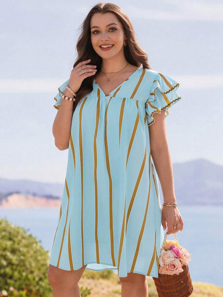 Plus Size Women Striped Color Block Ruffle Sleeve Vacation Dress