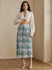 Anewsta Elegant Romantic Contrast Color Lace Voile Vacation, Date, Commute Waist-Cinched Straight Skirt For Women, Spring/Summer - Multicolor - View 5