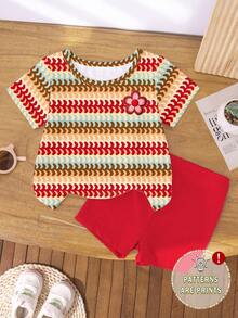 Conjunto de camiseta y pantalones cortos de ciclista con estampado floral ondulado colorido y vintage, uso casual y cómodo para primavera, verano y otoño - Multicolor - Ver 4