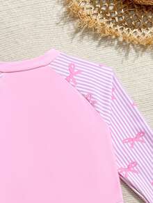 SHEIN Áo tắm liền thân nửa khóa kéo, nơ, kẻ sọc, dành cho bé gái tuổi teen đi nghỉ mát ở bãi biển. - Hồng - Xem 4