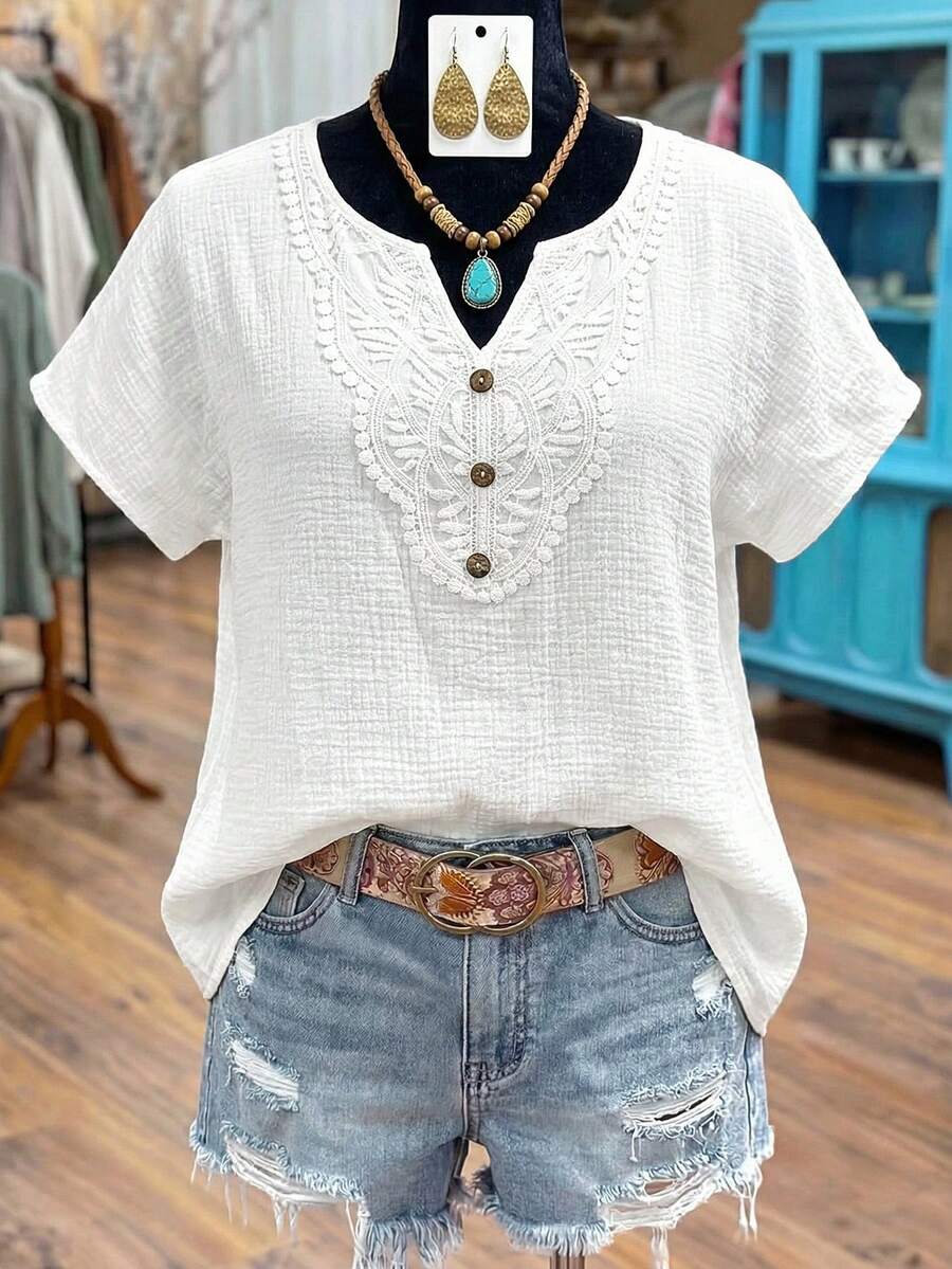 Linhara Plus Size Solid Color Lace Patchwork Notch Neck Casual Short Sleeve Shirt - White - View 1