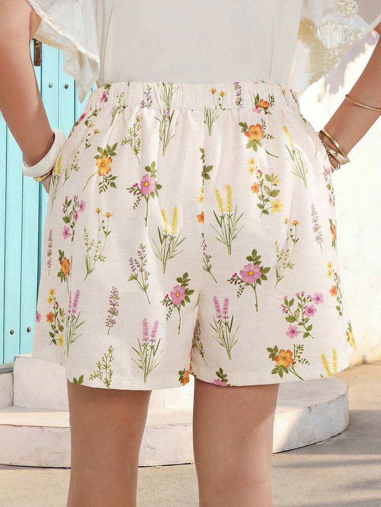 Plus Size Women Summer Casual Vacation Floral Print Boho Shorts With Pockets,Bermuda Shorts,Suitable For Summer Vacation,Going Out Outfits,Festa Junina