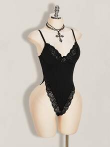 SHEIN ICON Women's Solid Color Spaghetti Strap Sleeveless Fitted Lace Patchwork Bodysuit, Summer - Black - View 11