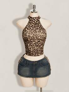 SHEIN ICON Y2k 夏季女款外出棕色嬉皮風性感休閒度假豹紋露背貼身短版掛脖上衣 - 彩色 - 查看 6