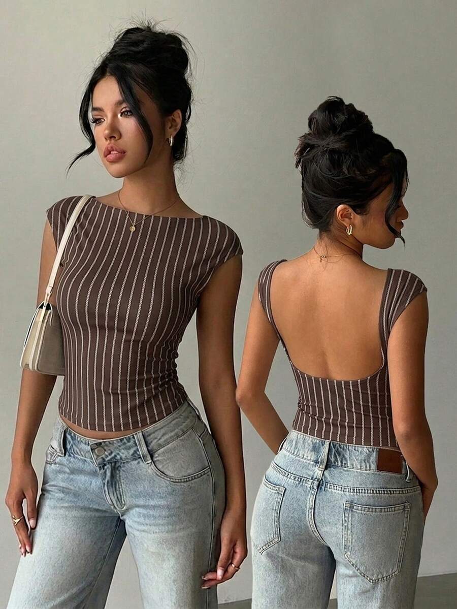 Aloruh Casual Minimalist Nautical Style Vacation Vibe Brown Base Color Rope Texture Striped Allover Print Women Short Sleeve T-Shirt Sexy Backless Top, Suitable For Spring/Summer - Multicolor - View 1
