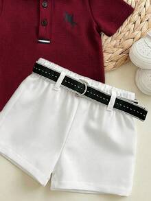 Newborn Baby Boy Cute Collegiate Style Knit Red Short Sleeve Top And Elastic Waist Shorts Set - Burgundy - View 5