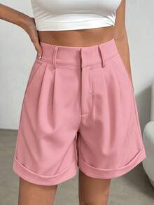 SHEIN Clasi Plus Size Women Casual Solid Color Cuffed Shorts - Dusty Pink - View 4