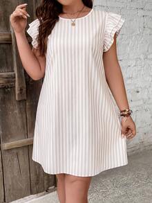 SHEIN Frenchy Plus Size Round Neck Cap Sleeve Ruffle Striped Loose Casual Summer Dress - Multicolor - View 9
