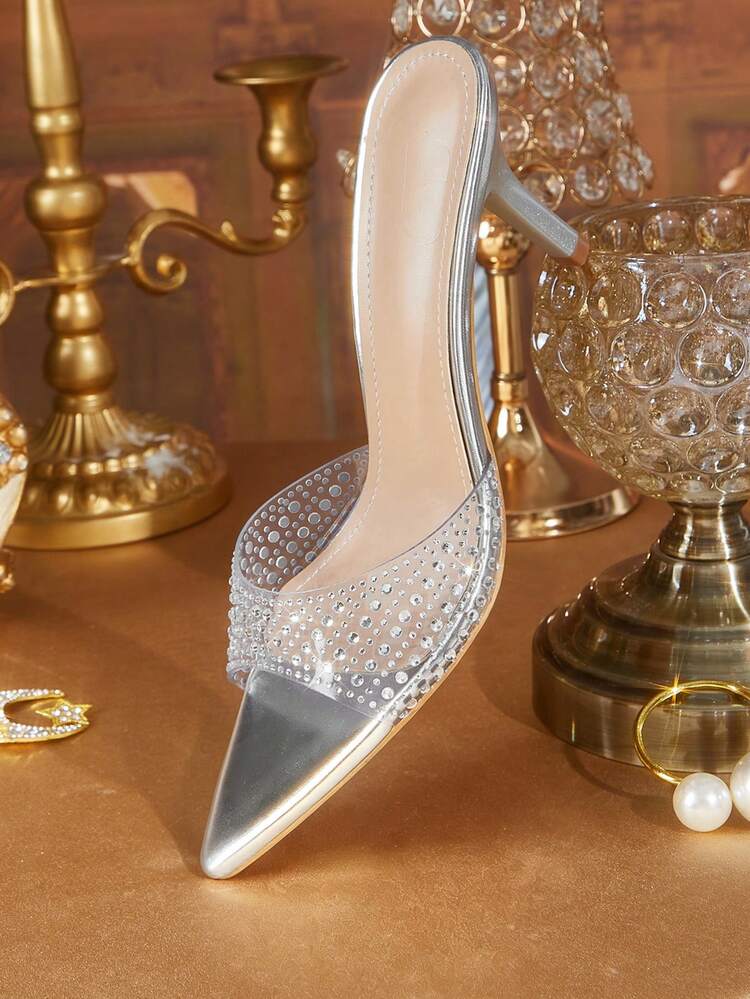 CUCCOO TILAWA Women's Fashion, Women's High-Heeled Sandals, Silver, Rhinestone TPU Material, Pointed, Commuting, Comfort, Indoor, Office, Street, Party, Travel, Vacation, Spring And Summer, Suitable For Dresses, Jeans, Shorts, Stiletto Slippers