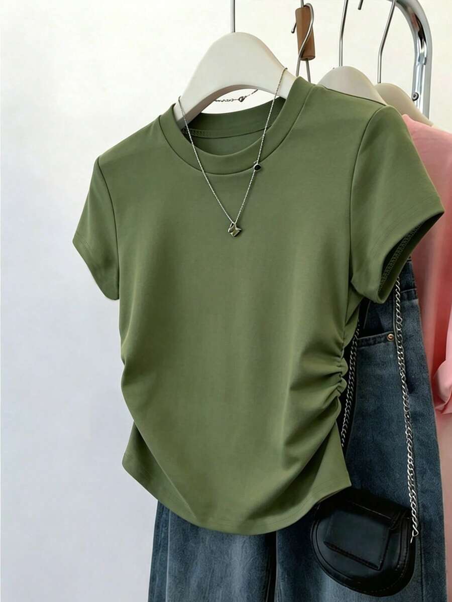 Resyla 女士户外休闲运动上衣，夏季新品，户外休闲服，纯绿色，修身腰部，女士T恤 - 墨綠色 - 查看 1