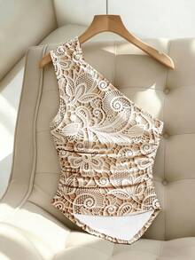 Rafferiza Top/Top/Camiseta Assimétrica com Estampa de Bolinhas Vermelhas, Decor de Metal com Fivela, Franzido na Barra Assimétrica, Adequada para Dia dos Namorados, Encontros, Volta às Aulas, Verão, Praia, Férias, Bolinhas Retrô - Damasco - Visão 2