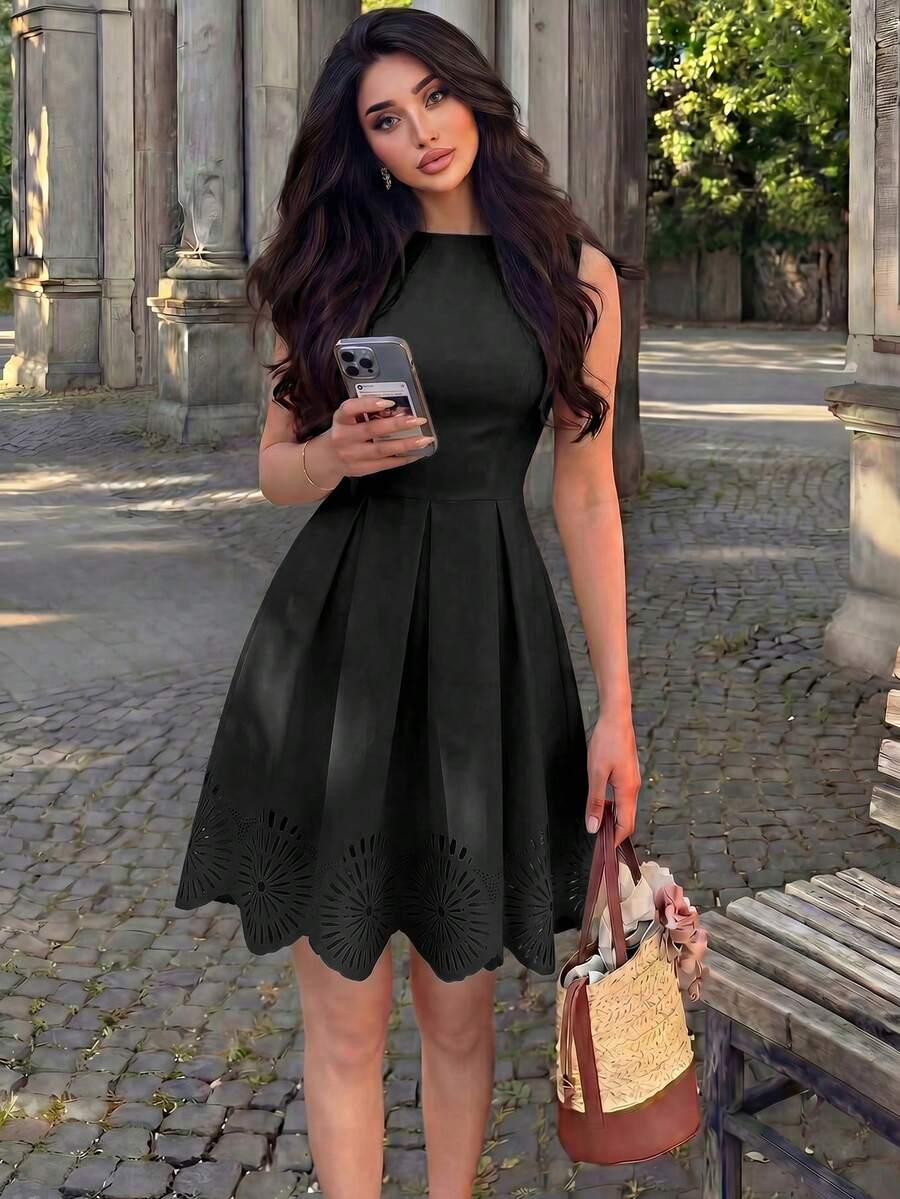 Modelyn Women's Apricot Sleeveless Waist Gathered A-Line Embroidered Elegant Romantic Dress, Spring/Summer Summer Dresses For Women - Black - View 1