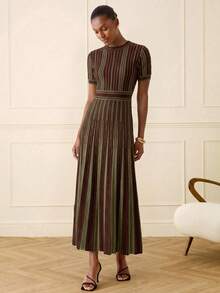Lilora Gaun Sweater Lengan Pendek Bergaris Warna-warni Wanita, Gaun Maxi Lipit Elegan - MultiWarna - View 4