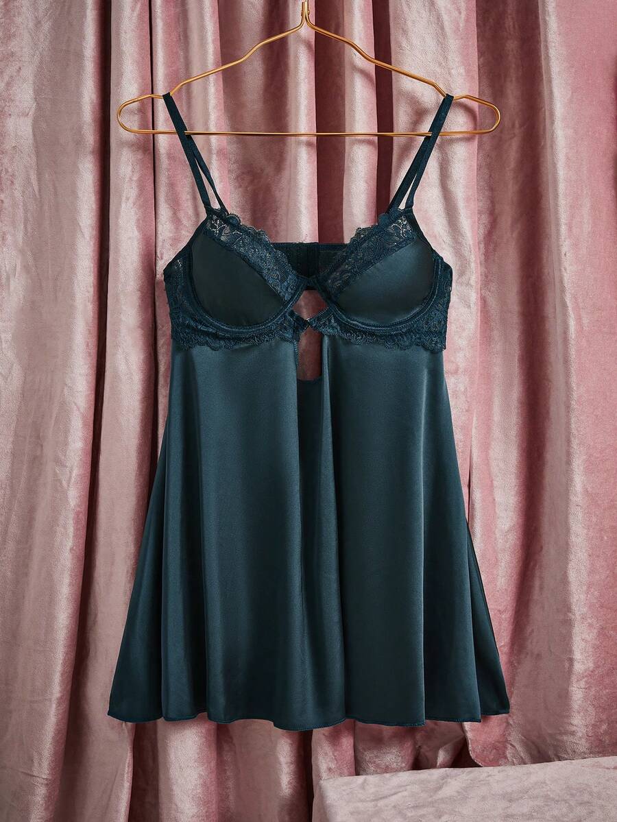 SHEIN 女士蕾丝拼接露背吊带性感内衣连衣裙 - 霧霾藍 - 查看 1