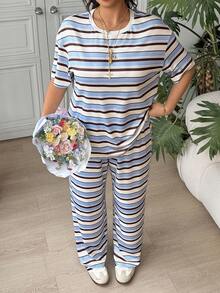 SHEIN EZwear 两件套加大码女式条纹撞色短袖圆领T恤和休闲裤套装 - 彩色 - 查看 6