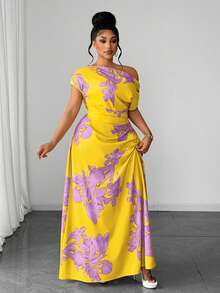 Maweii Plus Size Green Floral Print Ruched Waist Slit Shoulder Casual Vacation Dress - Multicolor - View 4