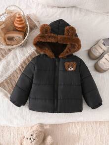 SHEIN Playful Pals 1 chiếc áo khoác hoodie chần bông dày lông cừu cho bé trai unisex màu đen mùa đông, thêu gấu dễ thương, tai 3D, khóa kéo - màu đen - Xem 7
