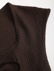 Sweetra Vintage Solid Color Front Tie Cap Sleeve Casual Dress - Coffee - View 3