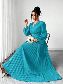 Elenzga 大尺碼女款優雅V領淺青色百褶腰裙，金屬扣飾，秋季婚禮賓客禮服，適用舞會、約會派對、秋季婚禮 - 水鴨藍 - 查看 5