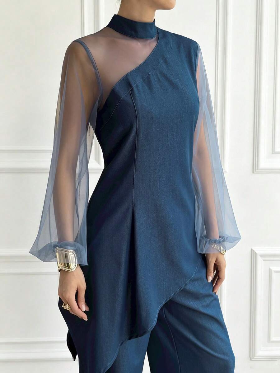 Livesso Women's Asymmetric Hem Mesh Lantern Sleeve Top And Jeans Set, Brunch Swimming Style, Pastal, Elegant Sexy Autumn Outfit - Blue - View 1