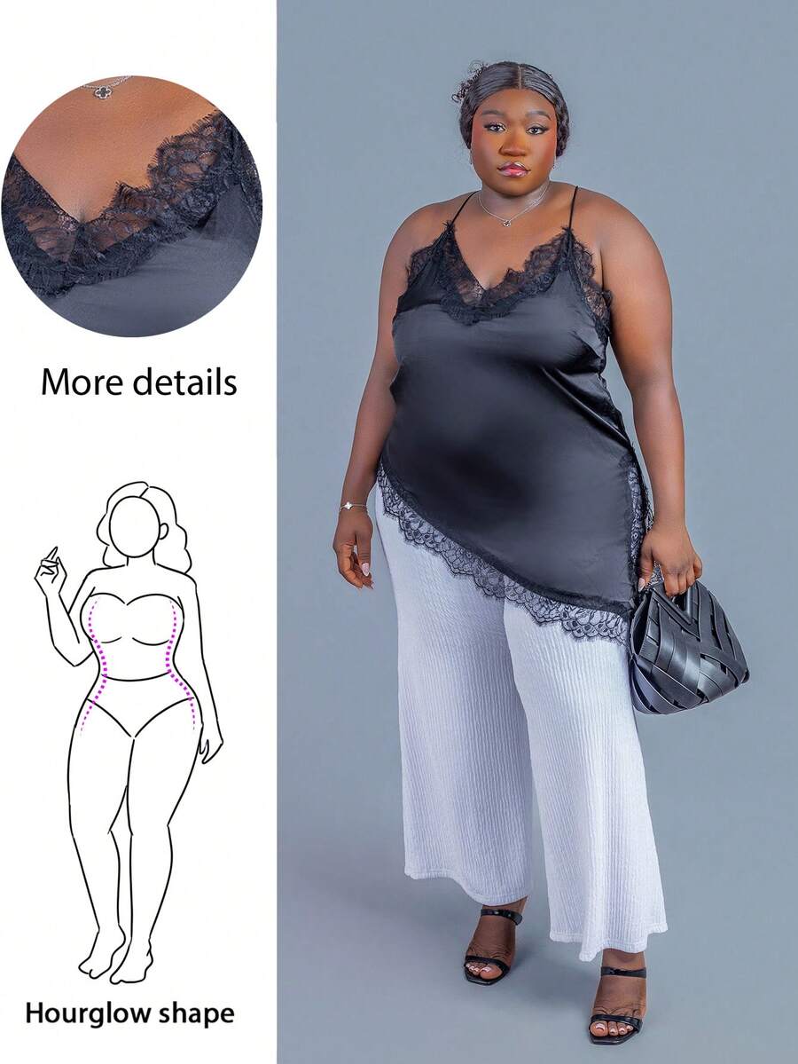 CurvyTilda 大码女式撞色蕾丝不对称下摆性感吊带背心 - 黑色 - 查看 1