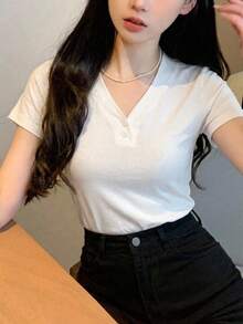 DAZY Solid Half Button Tee,Crop Tops Women - White - View 12