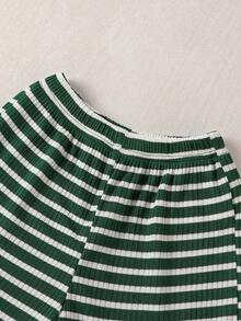 SHEIN Girls' Green Striped 2-Piece Set, Minimalist And Fresh Short Sleeve T-Shirt + Shorts Combo, Comfortable Casual Suitable For Daily Wear, Home, School - Green - View 4