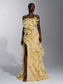 Elitara Elegant Luxurious Beaded Sequin Embroidered Lace Organza Ruffle Hem Backless Mermaid Dress,Suitable For Weddings,Parties,Galas,Formal Events - Pale Yellow - View 5