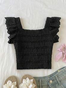 SHEIN 少女纯色褶皱休闲百搭日常上衣 - 黑色 - 查看 2