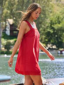 WESTFADE Square Neck Pleated Front 100% Cotton & Crochet Lace Red Babydoll Mini Dress Summer, Vacation, Casual, Cowgirl, Western, Rodeo, Festival - Red - View 4
