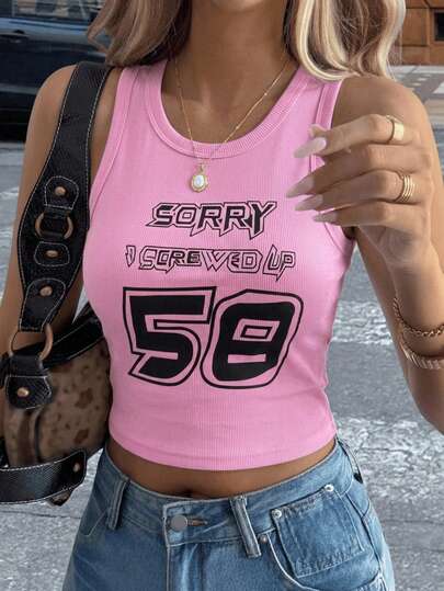 Top Crop Musculoso con Estampado de Letras y Números Cuello en U para Mujer, Prenda Sin Mangas Casual Estilo Callejero para Verano, Ropa de Moda para el Día a Día
