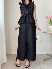 FRIFUL Setelan Atasan Denim Wanita Elegan dengan Kerah Simpul dan Hem Bergelombang serta Celana Jeans Kaki Lebar, Cocok untuk Pakaian Sehari-hari Musim Semi/Panas dan Kantor - Biru - View 4