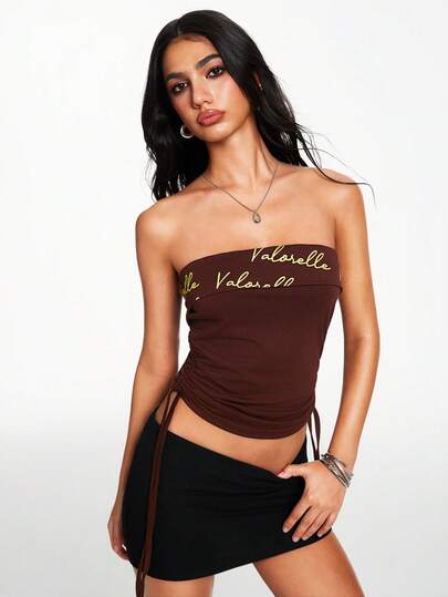 valorelle valorelle Áo quây bandeau nữ màu nâu in chữ vàng, nhún bên hông, không dây, chất jersey, kiểu tube top cho dạo phố mùa hè