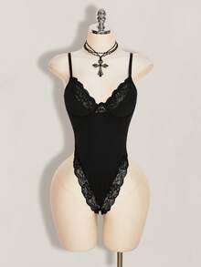 SHEIN ICON Women's Solid Color Spaghetti Strap Sleeveless Fitted Lace Patchwork Bodysuit, Summer - Black - View 10