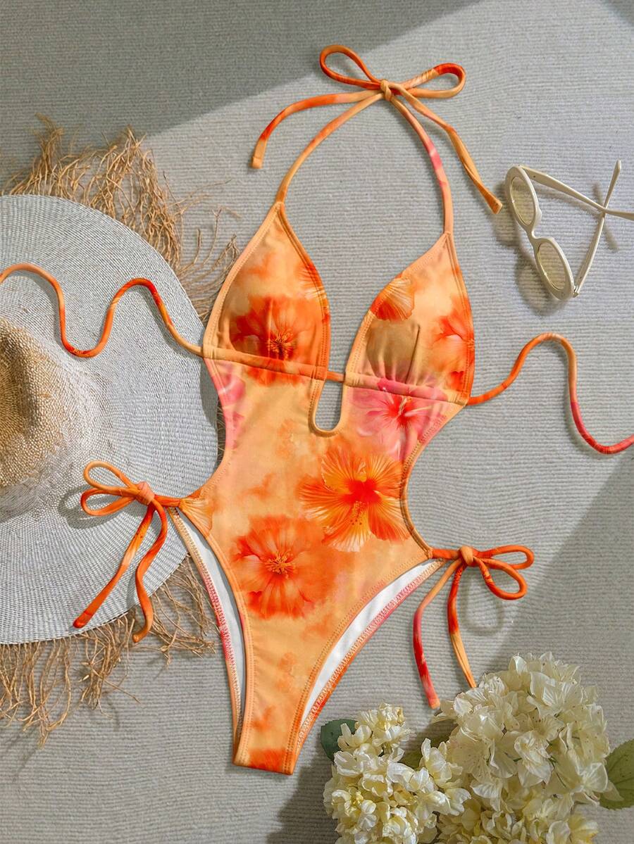 Soleia 女士新款露背系带复古印花泳衣,正面镂空水滴设计,性感时尚,适合海滩度假 - 彩色 - 查看 1
