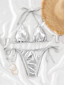 Swim Vcay 女款夏季海灘素色掛脖綁帶性感比基尼泳衣套裝 - 銀色 - 查看 3