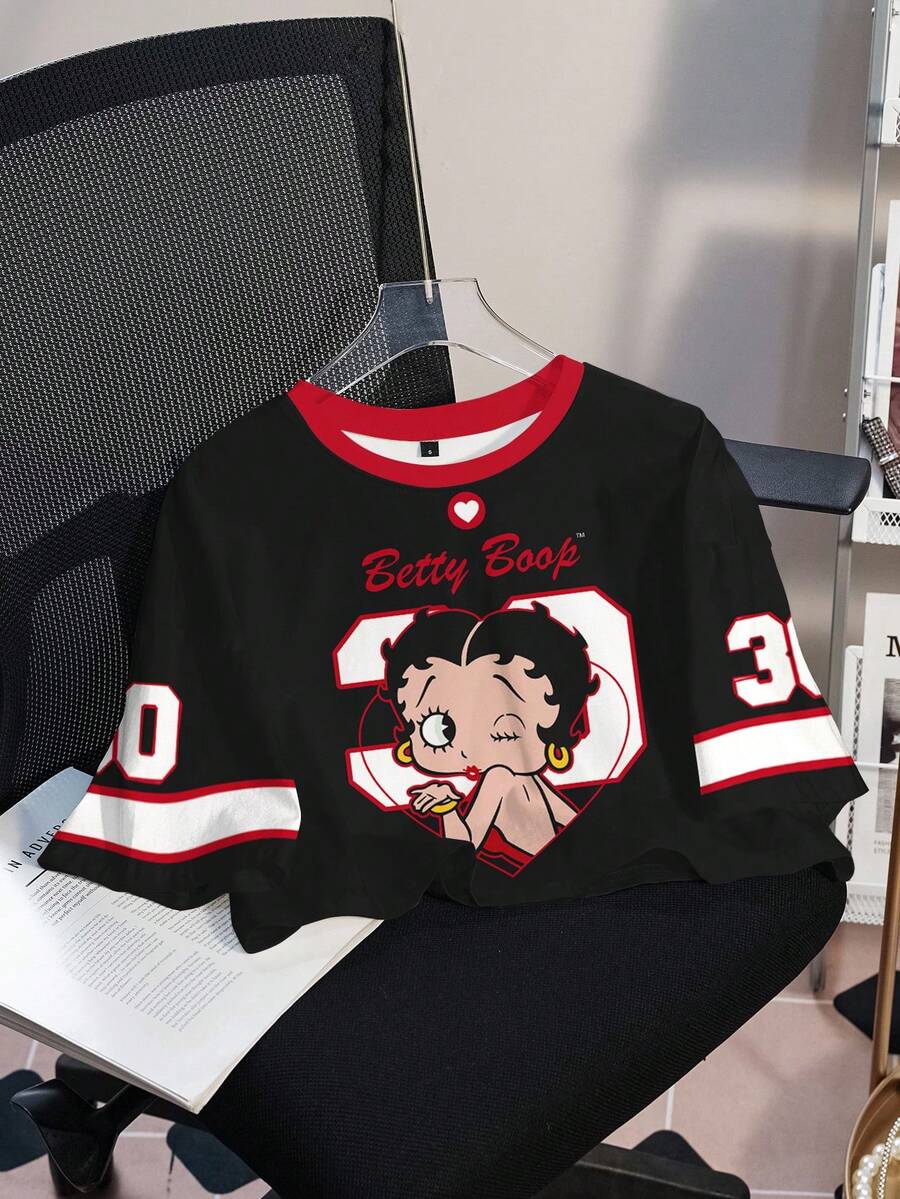 Betty Boop x SHEIN X 女士休闲印花圆领短袖露脐T恤 - 白色 - 查看 1
