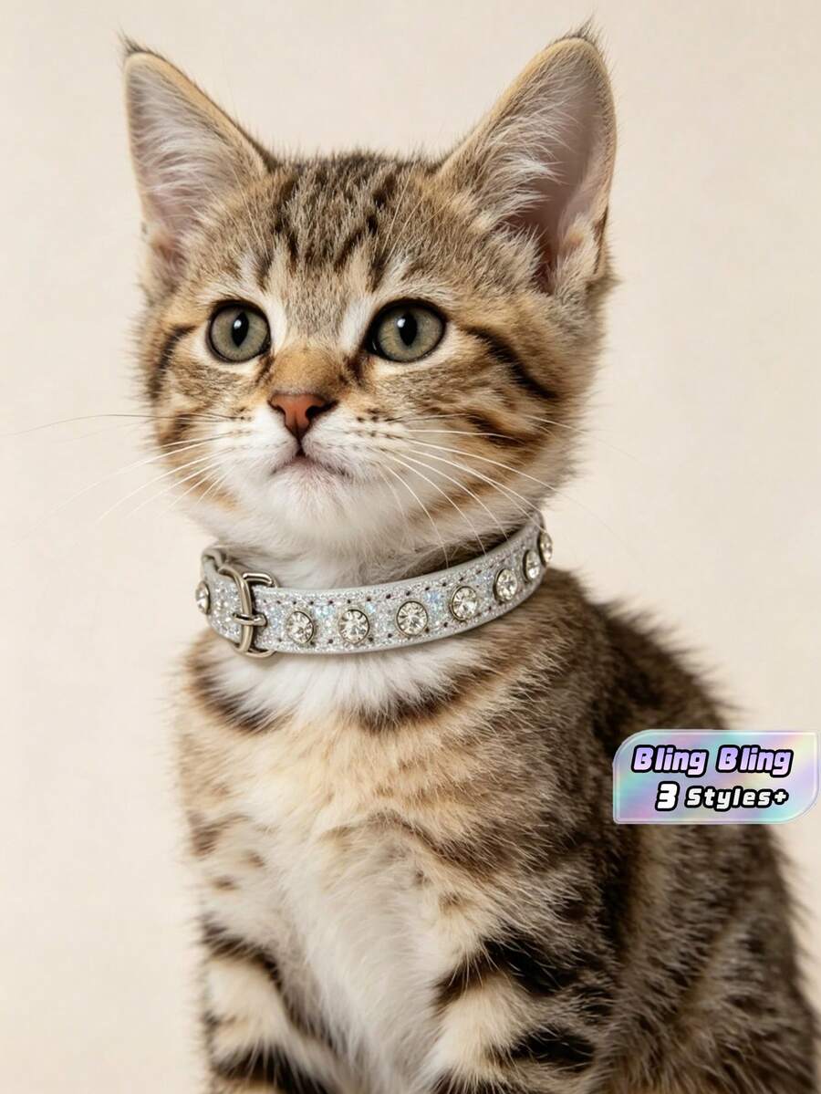 1 件闪亮钻石水钻宠物项圈，适用于猫和狗 - 可调节闪亮 PU 皮革项圈，带铃铛和带扣，可爱个性化闪亮项圈，适合日常佩戴 - 銀色 - 查看 1