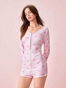 Bonmuse 1件女款V領蝴蝶印花連身褲夏季居家休閒服 - 粉色 - 查看 7