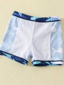 SHEIN Unisex Baby 3pcs/Set Blue Cute Shark Pattern Long Sleeve Rash Guard Swimsuit And Sun Protection Hat Set, Suitable For Beach, Swimming, Vacation Summer - Multicolor - View 6